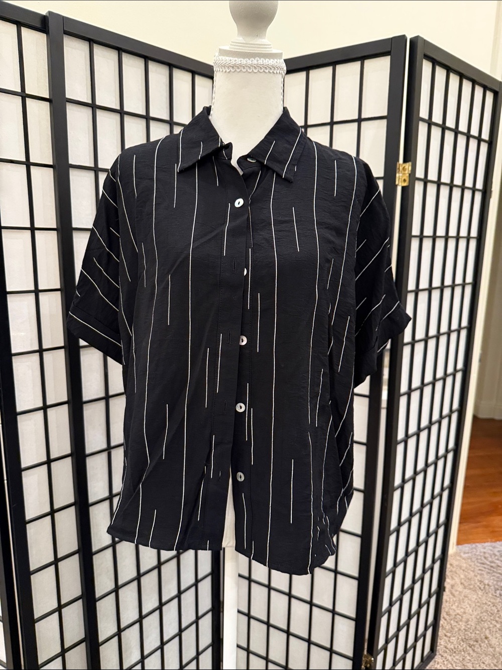 fun 2 fun Black Button-Front Short-Sleeve Blouse with White Pinstripes